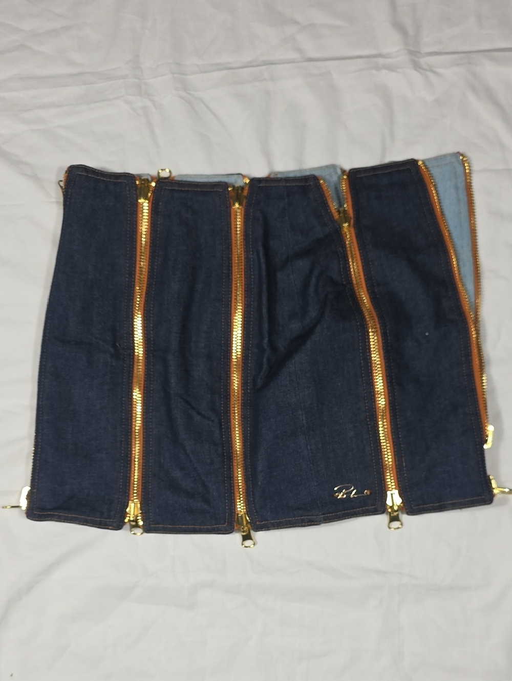 Gold-Zip Dark Blue Denim Mini Skirt
